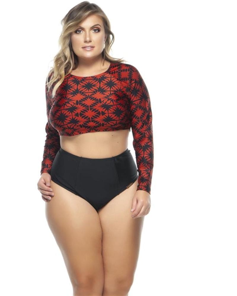 Front of a model wearing a size 16 Long Sleeve Crop Top in Terracotta Geometric by Lehona. | dia_product_style_image_id:267419